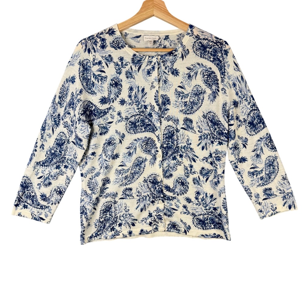 Garnet Hill Merino Wool Cardigan Sweater Medium Blue Paisley Floral 3/4 Sleeve